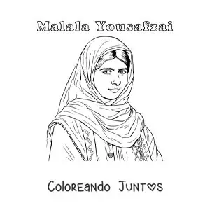 Imagen para colorear de un retrato de Malala Yousafzai con su nombre
