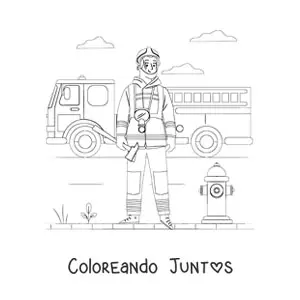 Imagen para colorear de un bombero uniformado frente a un camión de bomberos