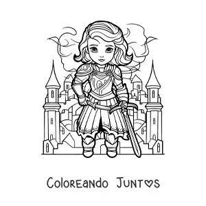 Imagen para colorear de Juana de Arco kawaii con su espada en una batalla