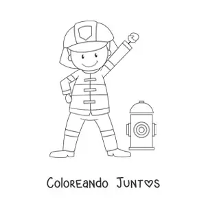 Imagen para colorear de un bombero animado sonriente junto a un hidrante