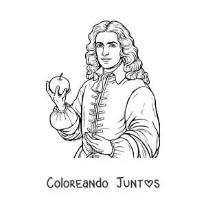 Imagen para colorear de un retrato de Isaac Newton con una manzana