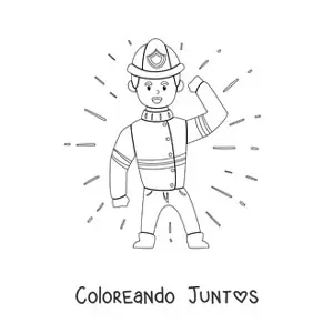 Imagen para colorear de un bombero animado saludando sujetando su casco