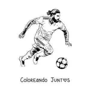 Imagen para colorear de Sergio Ramos con sus tatuajes jugando fútbol