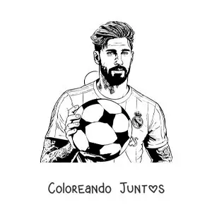 Imagen para colorear de retrato de Sergio Ramos con un balón de fútbol