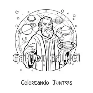 Imagen para colorear de Galileo Galilei animado con los planetas