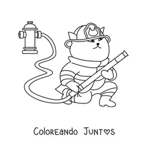 Imagen para colorear de un gato bombero animado sosteniendo una manguera