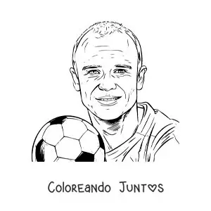 Imagen para colorear de retrato de Andrés Iniesta con un balón de fútbol en estilo realista
