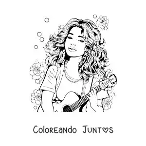 Imagen para colorear de caricatura de Selena Gómez con una guitarra y flores