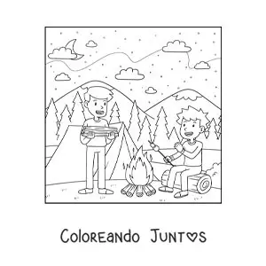 Imagen para colorear de dos niños asando malvaviscos junto a la fogata en un campamento