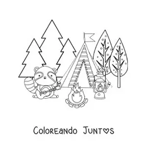 Imagen para colorear de un mapache animado acampando en el bosque