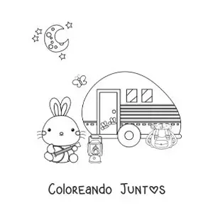 Imagen para colorear de un conejo animado acampando en una casa rodante