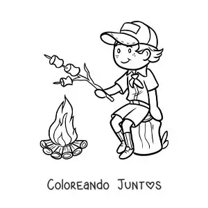 Imagen para colorear de un niño explorador asando malvaviscos en una fogata
