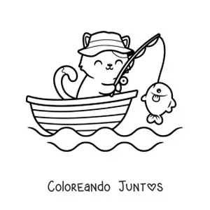 Imagen para colorear de un gato animado pescando un pez en un bote