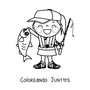 Imagen para colorear de una niña pescadora con un pez
