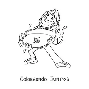 Imagen para colorear de una caricatura de un pescador que atrapó a un pez