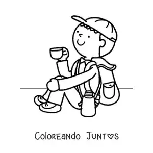 Imagen para colorear de un excursionista con su mochila tomando café