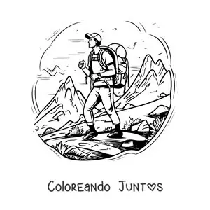 Imagen para colorear de un chico excursionista en la montaña