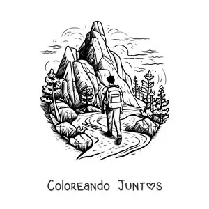Imagen para colorear de un excursionista de paseo por las montañas