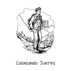 Imagen para colorear de un chico en una excursión entre las montañas en estilo realista