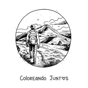 Imagen para colorear de un caminante de aventura en las montañas