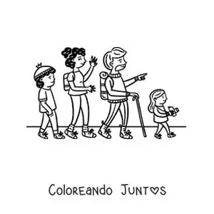 Imagen para colorear de una familia de excursión caminando