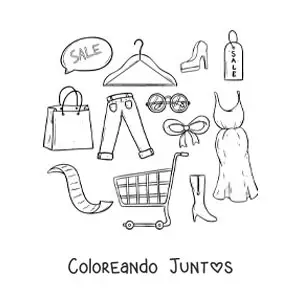 Imagen para colorear de un carrito de compras con ropa alrededor