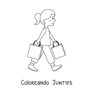 Imagen para colorear de una niña caminando con dos bolsas de compra