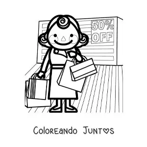 Imagen para colorear de una mujer de compras en una tienda con rebajas a mitad de precio