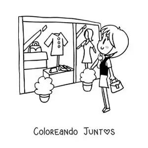 Imagen para colorear de una mujer de compras viendo el escaparate de una tienda de ropa