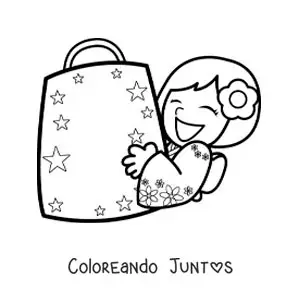 Imagen para colorear de una chica japonesa feliz con su bolsa de compras