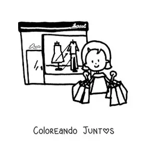 Imagen para colorear de una mujer de compras frente a una tienda de ropa con bolsas