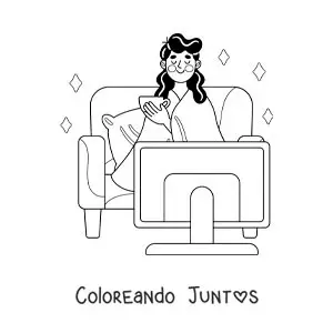 Imagen para colorear de una chica con una manta viendo películas en casa
