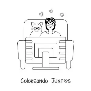 Imagen para colorear de un chico y su perro viendo películas en casa