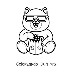 Imagen para colorear de un gato animado con gafas 3d comiendo palomitas