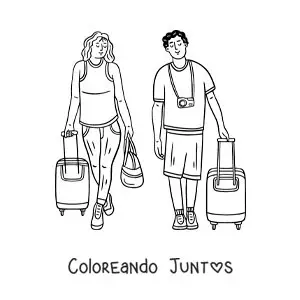 Imagen para colorear de una pareja de viajeros con maletas