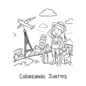 Imagen para colorear de una chica turista con maletas de viaje por el mundo