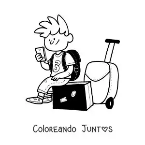 Imagen para colorear de una caricatura de un niño viajero sentado en su maleta