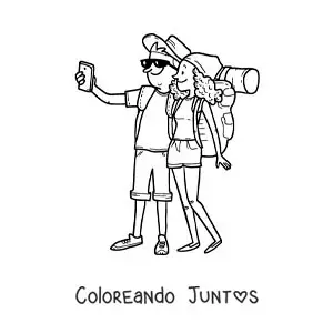 Imagen para colorear de una pareja de mochileros tomando una selfie