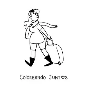 Imagen para colorear de una caricatura de una mujer de viaje con maleta y una bufanda