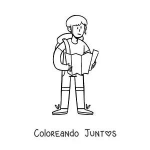 Imagen para colorear de una caricatura de un mochilero leyendo un mapa