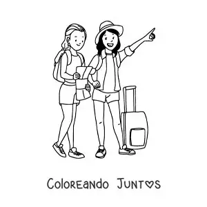 Imagen para colorear de dos chicas turistas con equipaje y un mapa