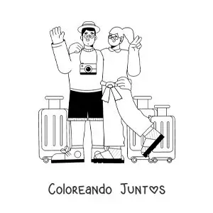 Imagen para colorear de una pareja de viajeros con su equipaje y su cámara