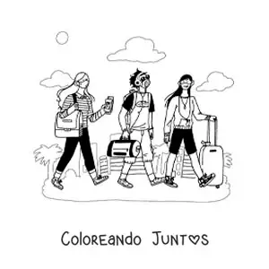 Imagen para colorear de un grupo de jóvenes con maletas viajando en la pandemia