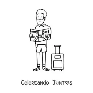 Imagen para colorear de un turista junto a su maleta leyendo un mapa