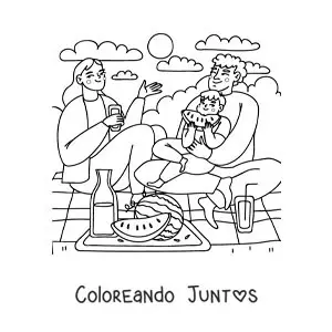 Imagen para colorear de una familia con un niño haciendo un pícnic en el parque