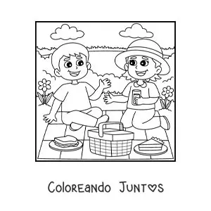 Imagen para colorear de dos niños en un pícnic en el parque