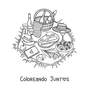 Imagen para colorear de un mantel de pícnic con pan, queso, frutas y otros alimentos
