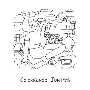 Imagen para colorear de dos amigas comiendo pizza en un pícnic