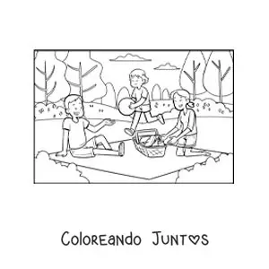 Imagen para colorear de una niña y sus padres en un pícnic en el parque