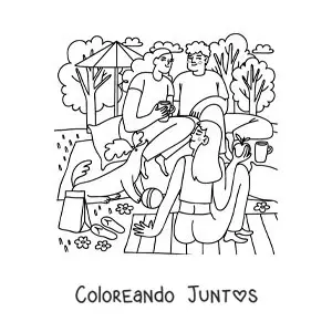 Imagen para colorear de un grupo de amigos adolescentes en un pícnic en el parque